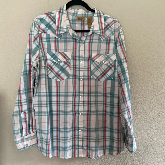 Wrangler Shirt Womens XL Teal Plaid Pearl Snap Western Buffalo - Picture 1 of 5